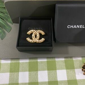 CHANEL Gold and Pearl CC Logo Brooch